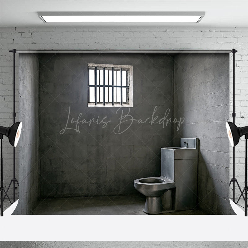 Lofaris Gritty Prison Cell Photography Backdrop Concrete Jail Room with Barred Window for Themed Escape Photos