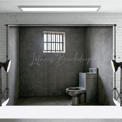 Lofaris Gritty Prison Cell Photography Backdrop Concrete Jail Room with Barred Window for Themed Escape Photos