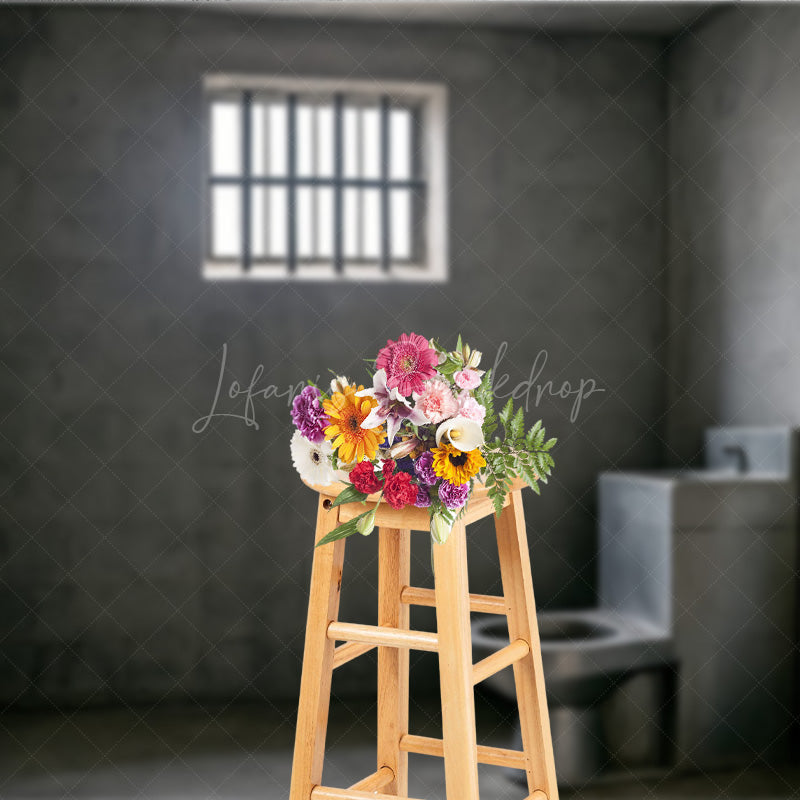 Lofaris Gritty Prison Cell Photography Backdrop Concrete Jail Room with Barred Window for Themed Escape Photos