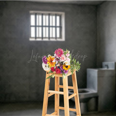 Lofaris Gritty Prison Cell Photography Backdrop Concrete Jail Room with Barred Window for Themed Escape Photos