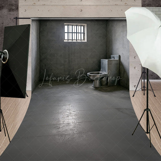 Lofaris Gritty Prison Cell Sweep Backdrop Concrete Jail Room with Barred Window for Themed Escape Photos