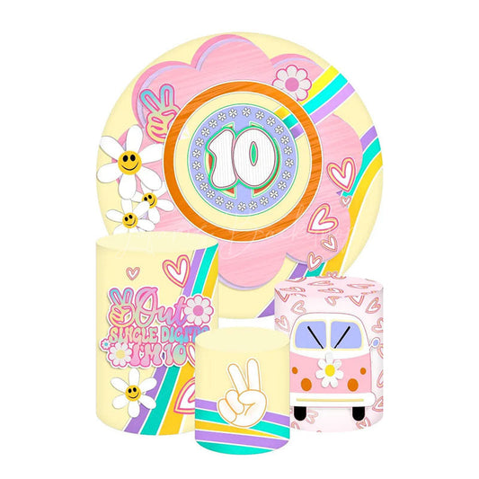 Lofaris Groovy 10th Birthday Round Backdrop Kit Retro Daisy and Peace Sign Van Two Hippie Party Photo Prop