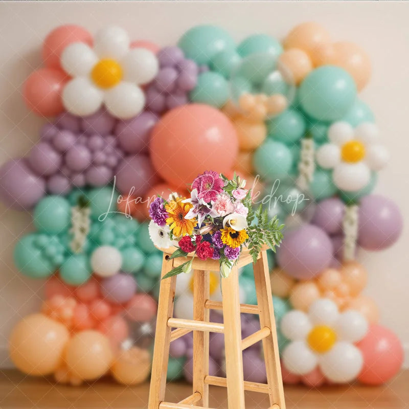 Lofaris Groovy Daisy Balloon Wall Photography Backdrop Pastel Floral Decor for Two First Birthday Cake Smash