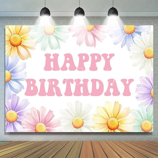 Lofaris Groovy Daisy Birthday Backdrop Pastel Flower Happy Background for Girl Hippie Boho Floral Party Photo Booth
