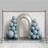 Lofaris Groovy Disco Ball Arch Cake Smash Backdrop Dusty Blue Balloons and Mirror Tiles First Birthday Photo Prop