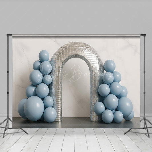 Lofaris Groovy Disco Ball Arch Cake Smash Backdrop Dusty Blue Balloons and Mirror Tiles First Birthday Photo Prop