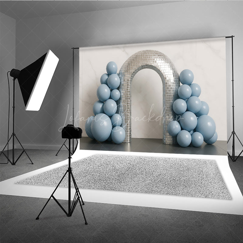 Lofaris Groovy Disco Ball Arch Cake Smash Backdrop Dusty Blue Balloons and Mirror Tiles First Birthday Photo Prop