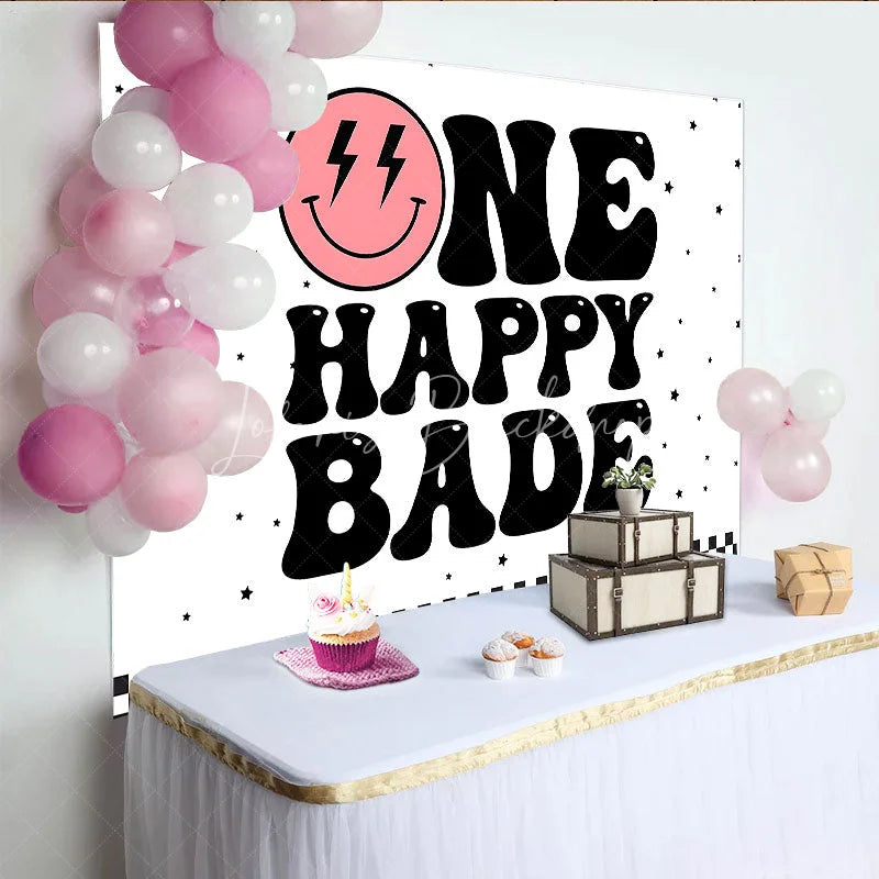 Lofaris Groovy One Happy Babe 1st Birthday Backdrop Retro Pink Smiley Face and Checkered Party Banner