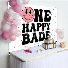 Lofaris Groovy One Happy Babe 1st Birthday Backdrop Retro Pink Smiley Face and Checkered Party Banner