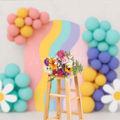 Lofaris Groovy Rainbow Cake Smash Backdrop Wavy Arch with Balloons and Daisies Retro First Birthday Photography Prop