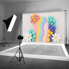 Lofaris Groovy Rainbow Cake Smash Backdrop Wavy Arch with Balloons and Daisies Retro First Birthday Photography Prop