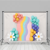 Lofaris Groovy Rainbow Cake Smash Backdrop Wavy Arch with Balloons and Daisies Retro First Birthday Photography Prop