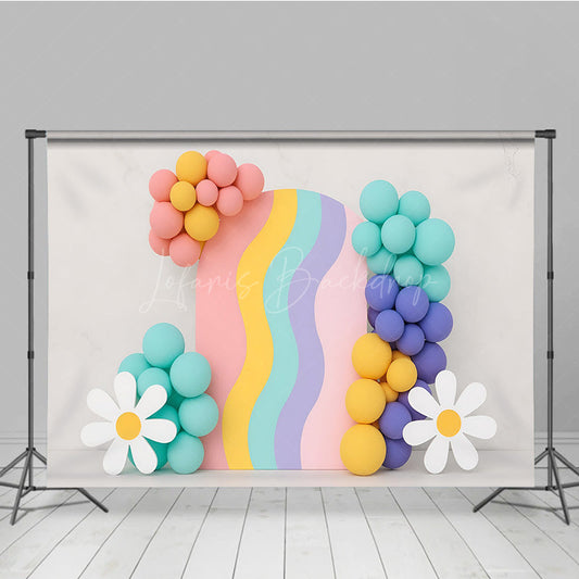 Lofaris Groovy Rainbow Cake Smash Backdrop Wavy Arch with Balloons and Daisies Retro First Birthday Photography Prop