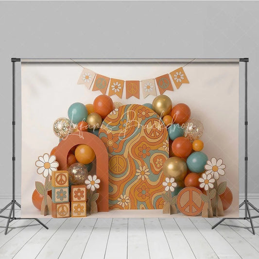 Lofaris Groovy Retro Hippie Photography Backdrop with Peace Signs and Daisy Flowers 60s 70s Theme Birthday Party Decor