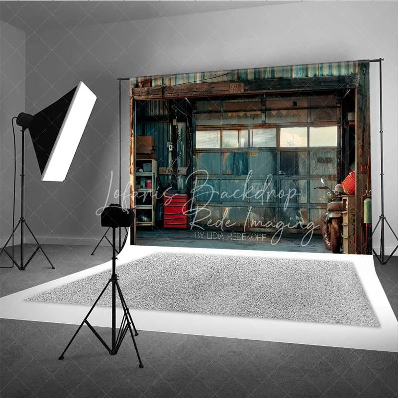 Lofaris Grunge Garage Photography Backdrop Rusted Metal Door Vintage Motorcycle Background Industrial Man Cave Photo Prop