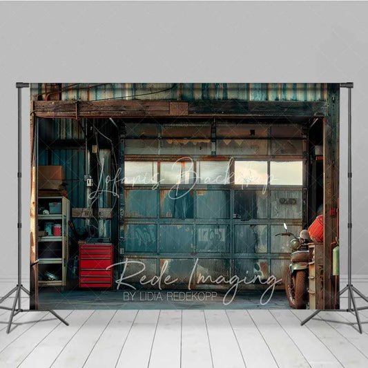 Lofaris Grunge Garage Photography Backdrop Rusted Metal Door Vintage Motorcycle Background Industrial Man Cave Photo Prop