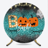 Lofaris Halloween Boo Bash Round Backdrop Teal Glitter with Pumpkins and Spiders Spooky Cute Kids Party Photo Prop