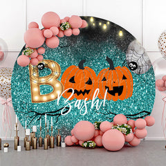 Lofaris Halloween Boo Bash Round Backdrop Teal Glitter with Pumpkins and Spiders Spooky Cute Kids Party Photo Prop