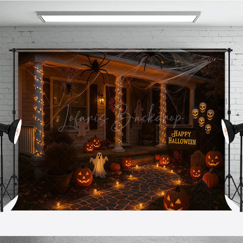 Lofaris Halloween Front Porch Photography Backdrop Night Scene with Jack-o-lanterns Spooky House Party Decorations