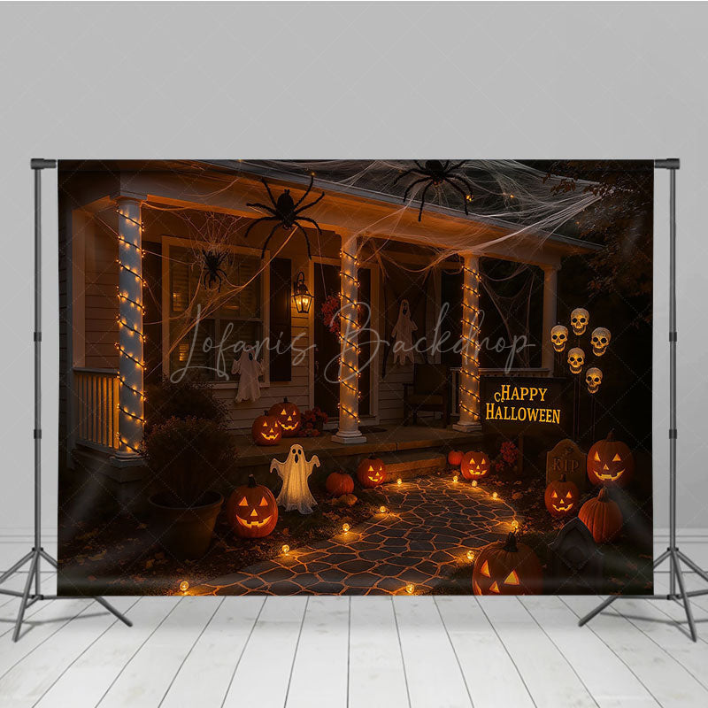 Lofaris Halloween Front Porch Photography Backdrop Night Scene with Jack-o-lanterns Spooky House Party Decorations