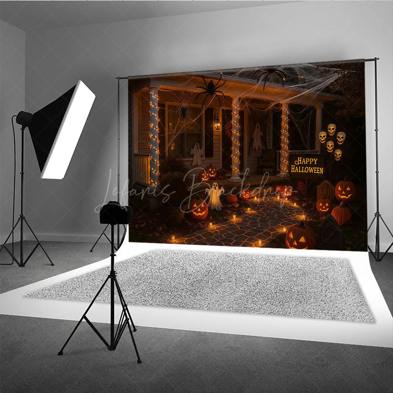 Lofaris Halloween Front Porch Photography Backdrop Night Scene with Jack-o-lanterns Spooky House Party Decorations