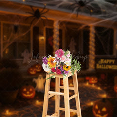 Lofaris Halloween Front Porch Photography Backdrop Night Scene with Jack-o-lanterns Spooky House Party Decorations