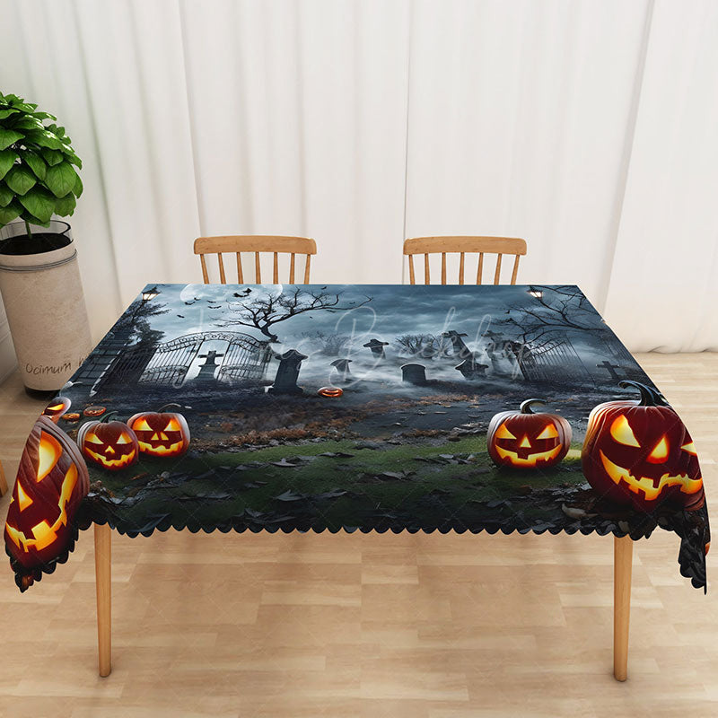 Lofaris Halloween Graveyard Rectangle Tablecloth with Jack O’ Lanterns for Spooky Cemetery and Haunted Party Decor