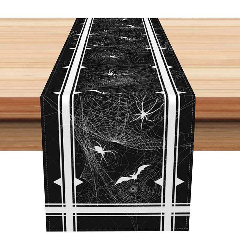 Lofaris Halloween Holiday Table Runner with Black and White Spider Web Bats for Spooky Party Decor