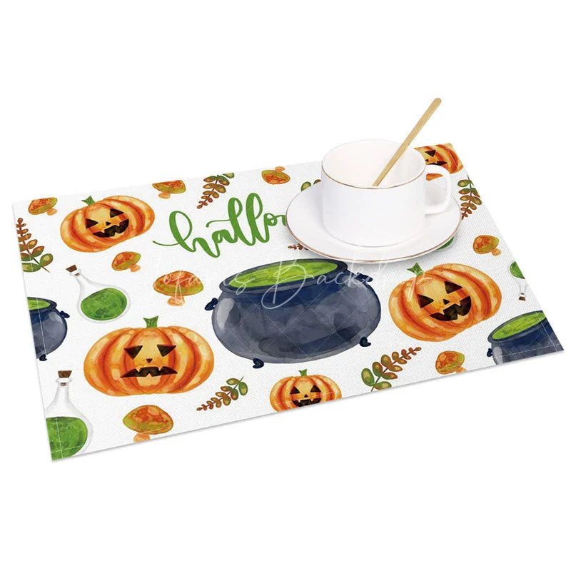 Lofaris Halloween Jack-O’-Lantern and Mushroom Set of 4 Placemats for Whimsical Spooky Autumn Decor