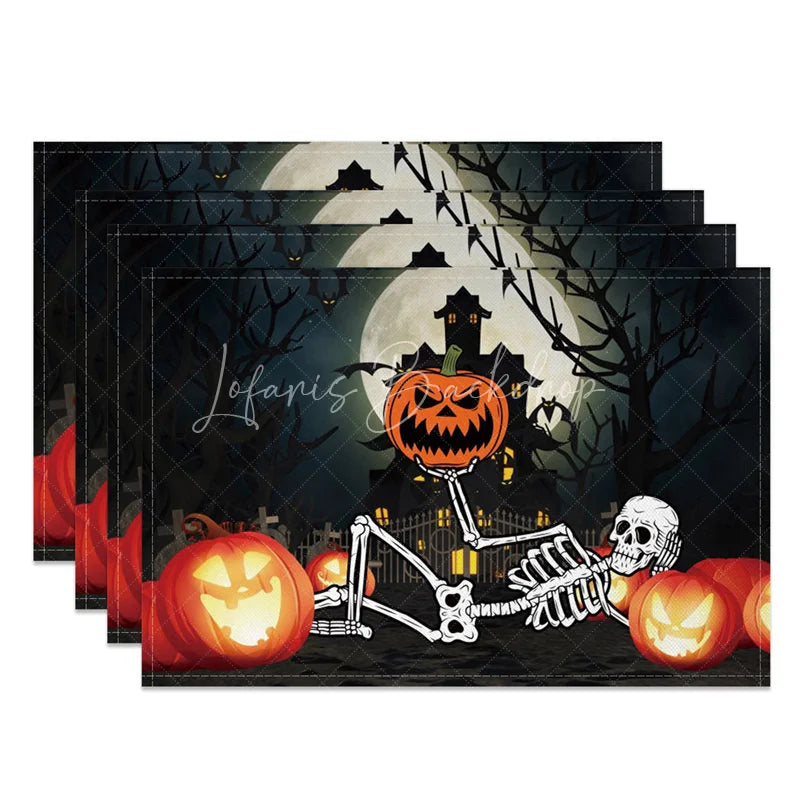 Lofaris Halloween Jack-O’-Lantern and Skeleton Set of 4 Placemats for Spooky Fun Holiday Party Decor