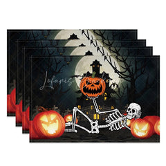 Lofaris Halloween Jack-O’-Lantern and Skeleton Set of 4 Placemats for Spooky Fun Holiday Party Decor