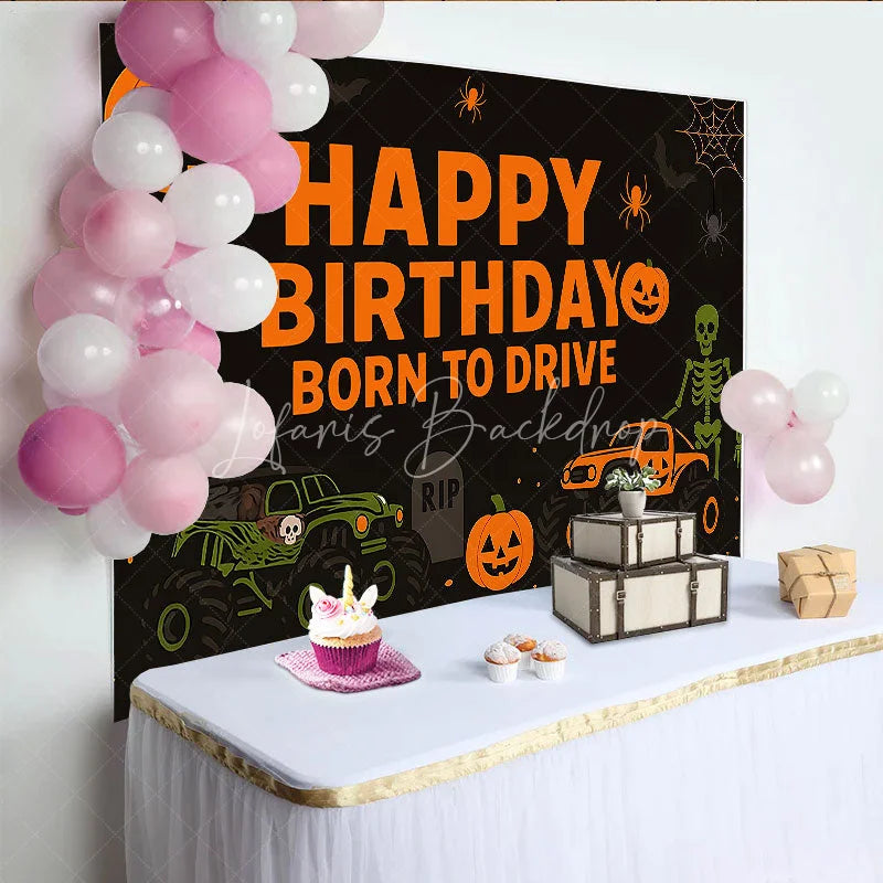 Lofaris Halloween Monster Truck Birthday Backdrop Pumpkin Skeleton Boys Party Background Spooky Born to Drive Photography Prop