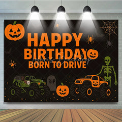Lofaris Halloween Monster Truck Birthday Backdrop Pumpkin Skeleton Boys Party Background Spooky Born to Drive Photography Prop