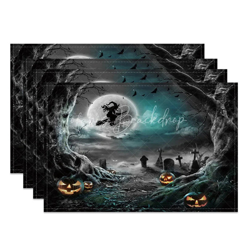 Lofaris Halloween Night Set of 4 Placemats with Witch Bat and Cemetery for Spooky Gothic Party Decor