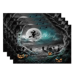 Lofaris Halloween Night Set of 4 Placemats with Witch Bat and Cemetery for Spooky Gothic Party Decor