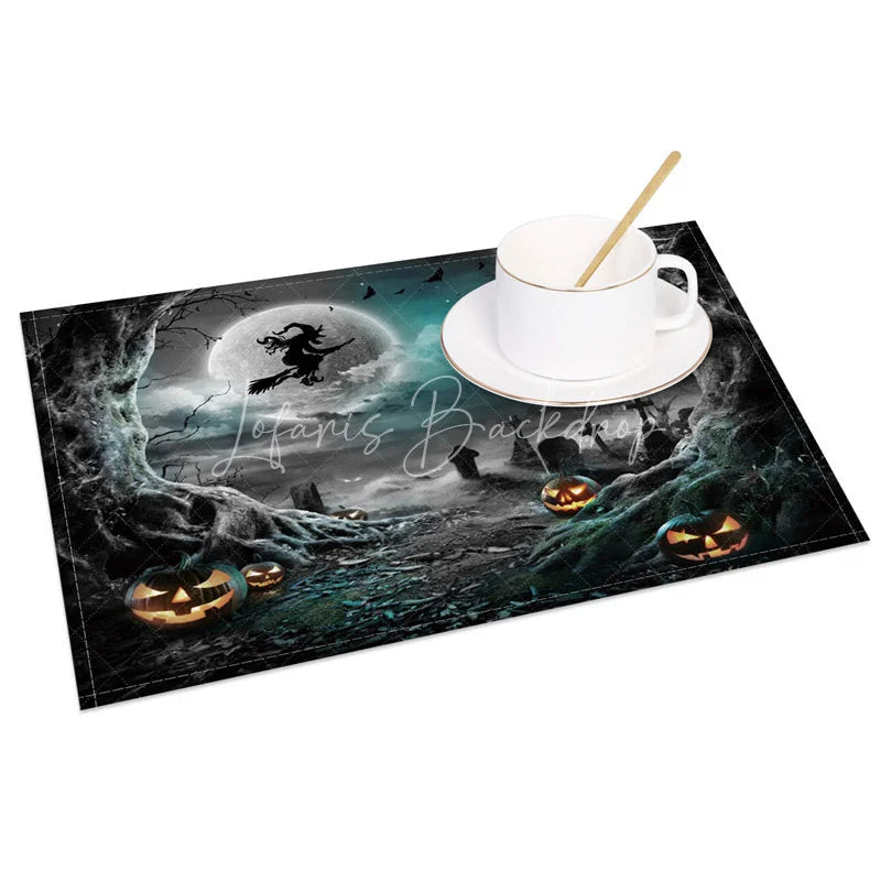Lofaris Halloween Night Set of 4 Placemats with Witch Bat and Cemetery for Spooky Gothic Party Decor