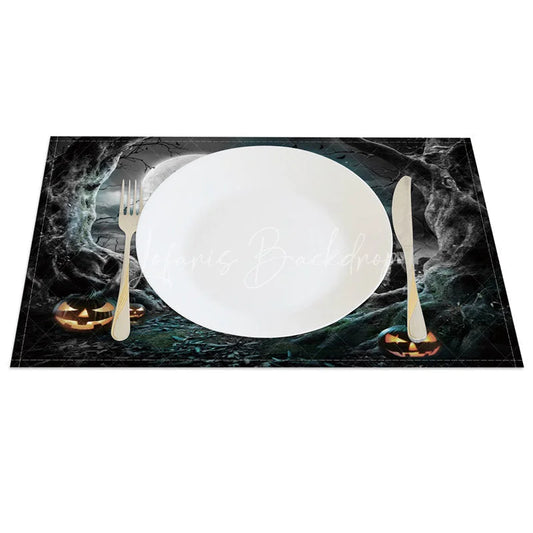 Lofaris Halloween Night Set of 4 Placemats with Witch Bat and Cemetery for Spooky Gothic Party Decor