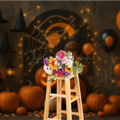 Lofaris Halloween Party Photography Backdrop Jack-o-lanterns with Witch Hats Spooky Balloons and String Lights Decor
