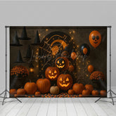 Lofaris Halloween Party Photography Backdrop Jack-o-lanterns with Witch Hats Spooky Balloons and String Lights Decor