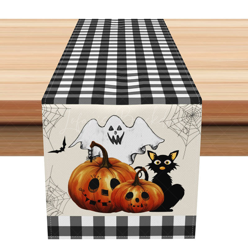 Lofaris Halloween Plaid Table Runner with Ghost and Cat Spooky Pumpkin Patch Design Fun Kids Trick or Treat Party Decor