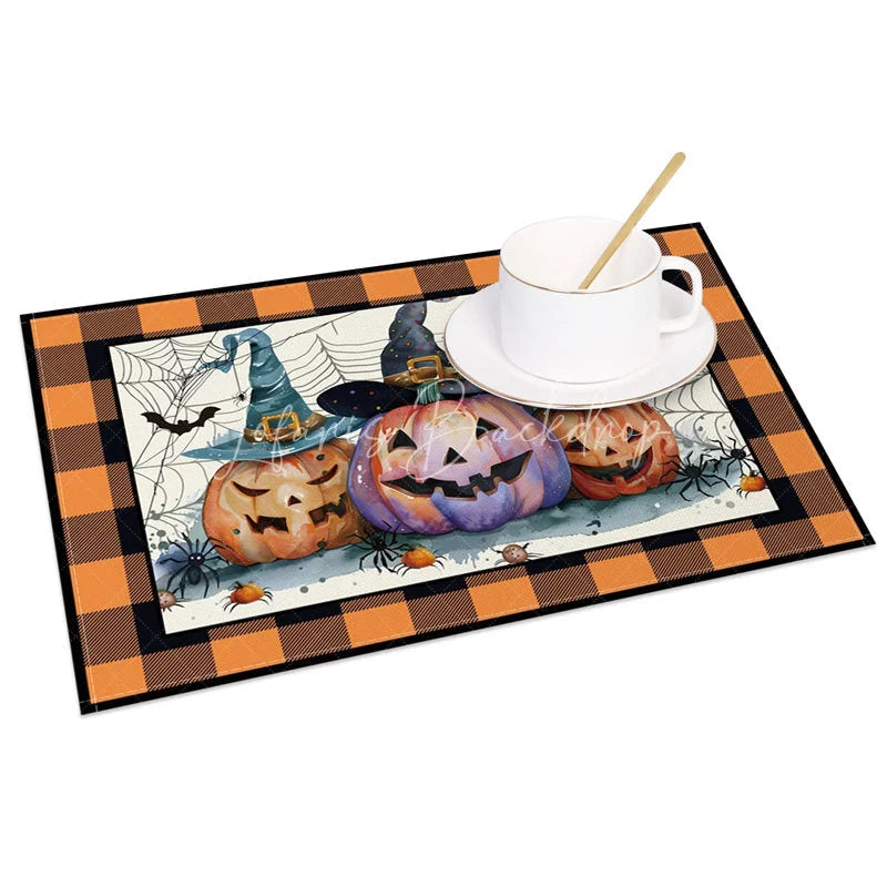 Lofaris Halloween Pumpkin Bat and Cobweb Set of 4 Placemats with Orange Frame for Spooky Party Decor
