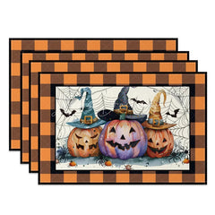 Lofaris Halloween Pumpkin Bat and Cobweb Set of 4 Placemats with Orange Frame for Spooky Party Decor