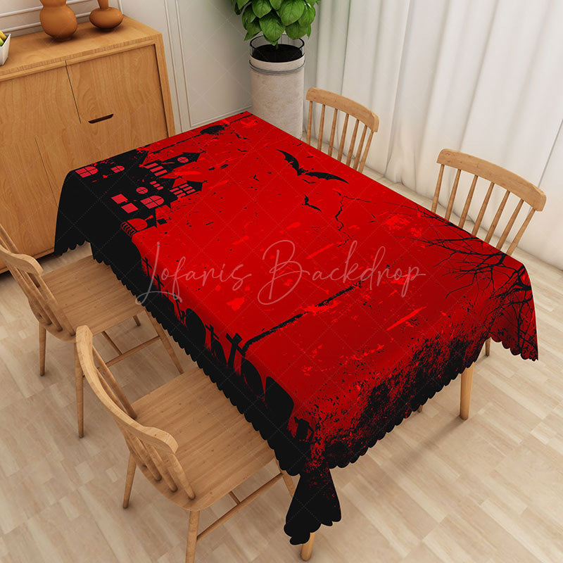 Lofaris Halloween Rectangle Tablecloth with Red Haunted House and Black Bats for Spooky Holiday Party Decor