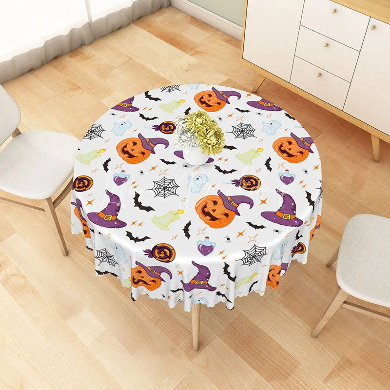 Lofaris Halloween Round Tablecloth with Jack-O’-Lanterns Bats and Ghosts for Spooky Kids Party Decor