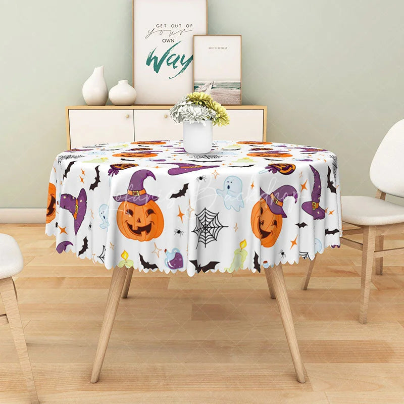 Lofaris Halloween Round Tablecloth with Jack-O’-Lanterns Bats and Ghosts for Spooky Kids Party Decor