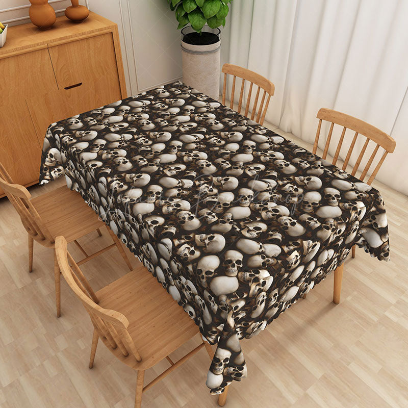 Lofaris Halloween Skull Rectangle Tablecloth in Brown and White for Gothic Spooky Pirate Themed Party Decor