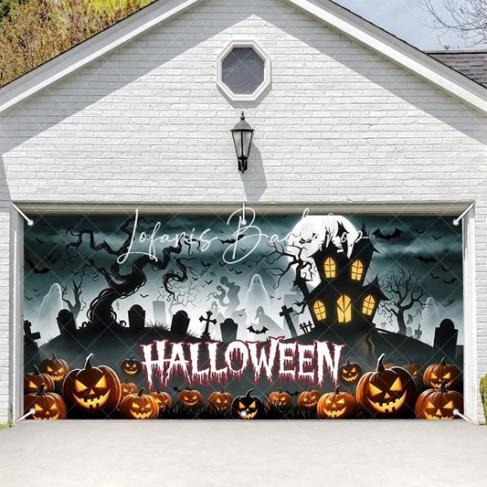 Lofaris Halloween Spooky Garage Door Banner Haunted House with Carved Pumpkins and Full Moon Decor
