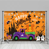 Lofaris Halloween Town Inspired Backdrop with Purple Truck Spooky Castle and Mouse Ear Pumpkins Cartoon Party Decor