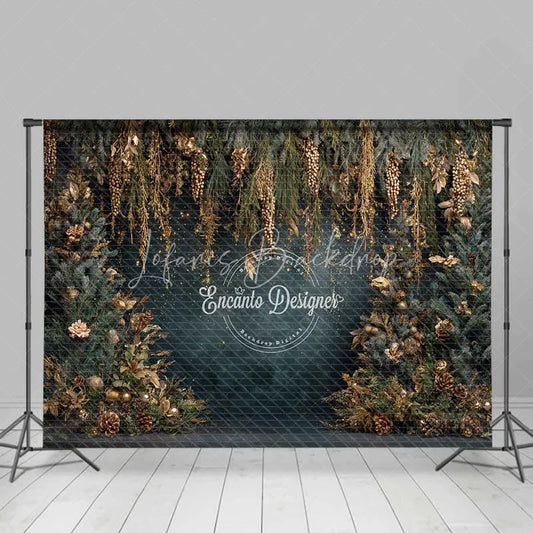 Lofaris Hanging Gold Pine Cone Christmas Backdrop Blue Winter Floral Photography Background