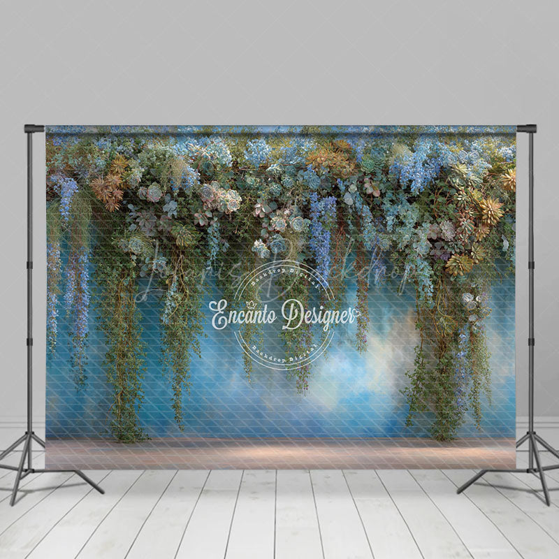 Lofaris Hanging Greenery and Succulent Wall Photography Backdrop Blue Purple Floral Modern Wedding Photo Background